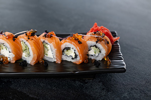 Fish menu japanese food sushi roll served ginger, a Food & Drink Photo by Photo Drive Studio