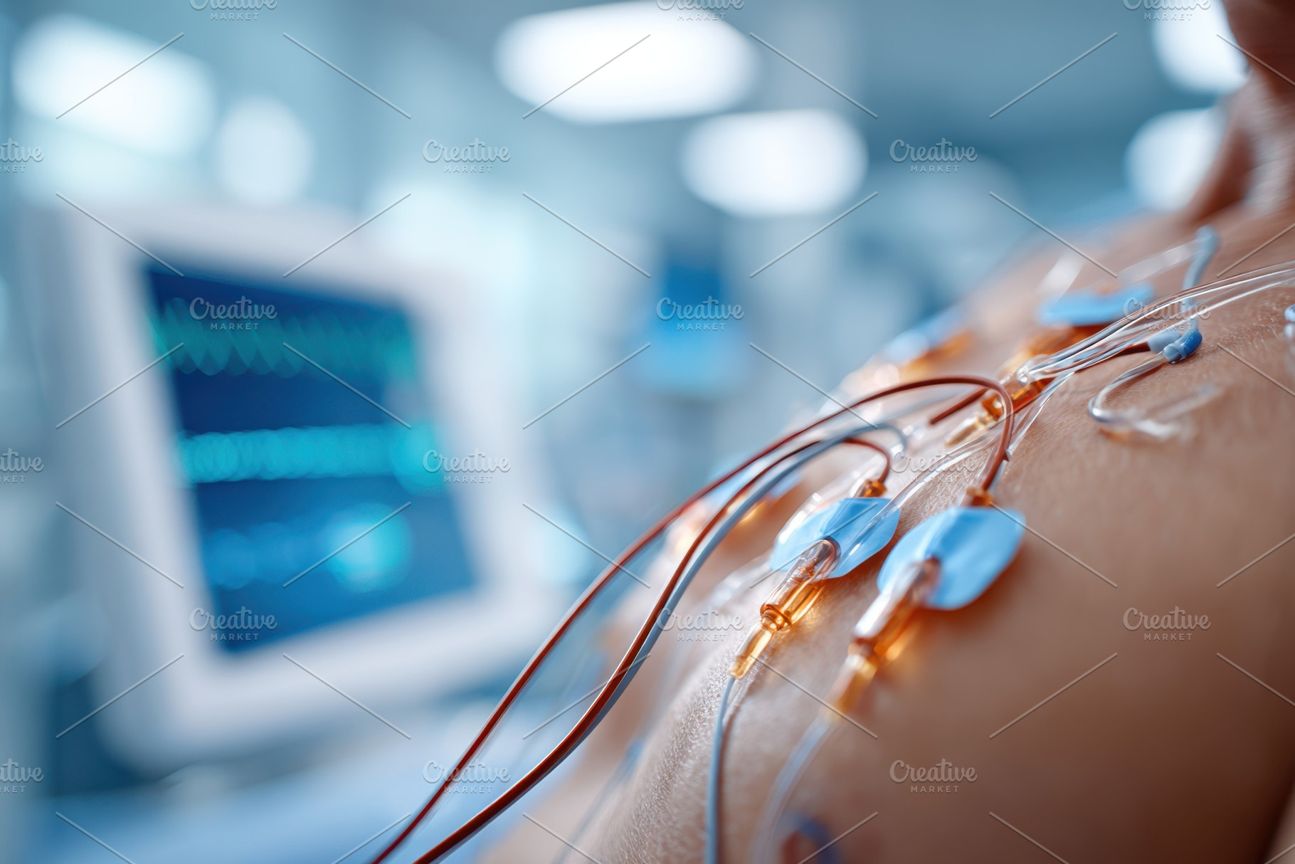 Close-up of medical electrodes on a patient's chest, a Health & Medical Photo by AlyaAnd