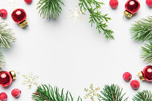 Christmas frame with fir branches and red ornaments, a Holiday Photo by Olena Rudo
