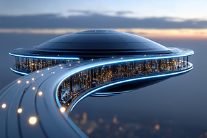 Futuristic flying structure with glowing edges over a city skyline at twilight, an Architecture Photo by AlyaAnd
