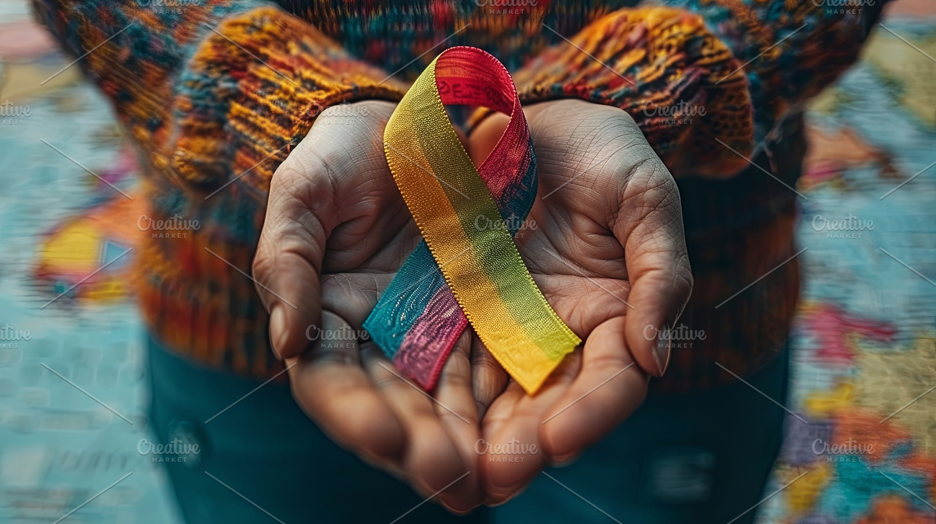 Hands of a woman in a knitted sweater holding a rainbow ribbon., a Health & Medical Photo by AS photostudio