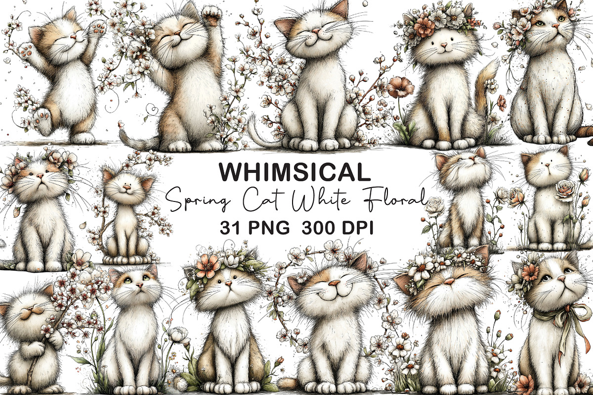 Spring Cat White Floral Clipart, an Illustration by CraftArtStudio (Photo 1 of 6)