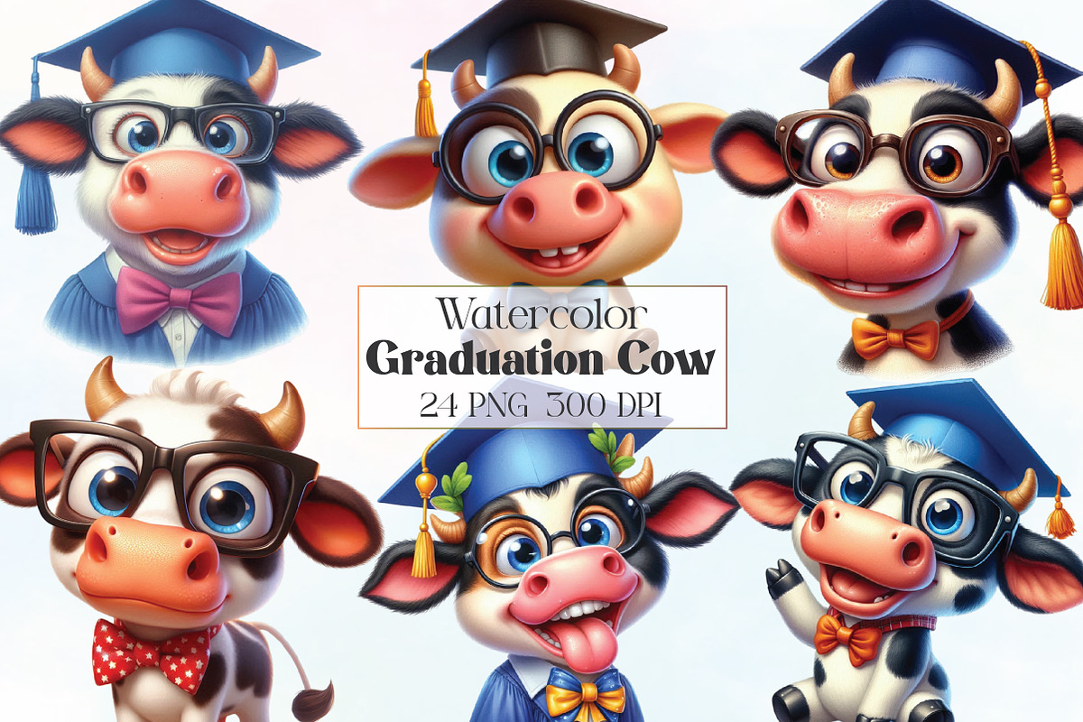 Watercolor Funny Graduation Cow PNG, an Illustration by CraftArtStudio (Photo 1 of 6)
