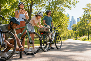 Cyclists preparing bikes in sunny pa, a Photo by Dvoevnore photos