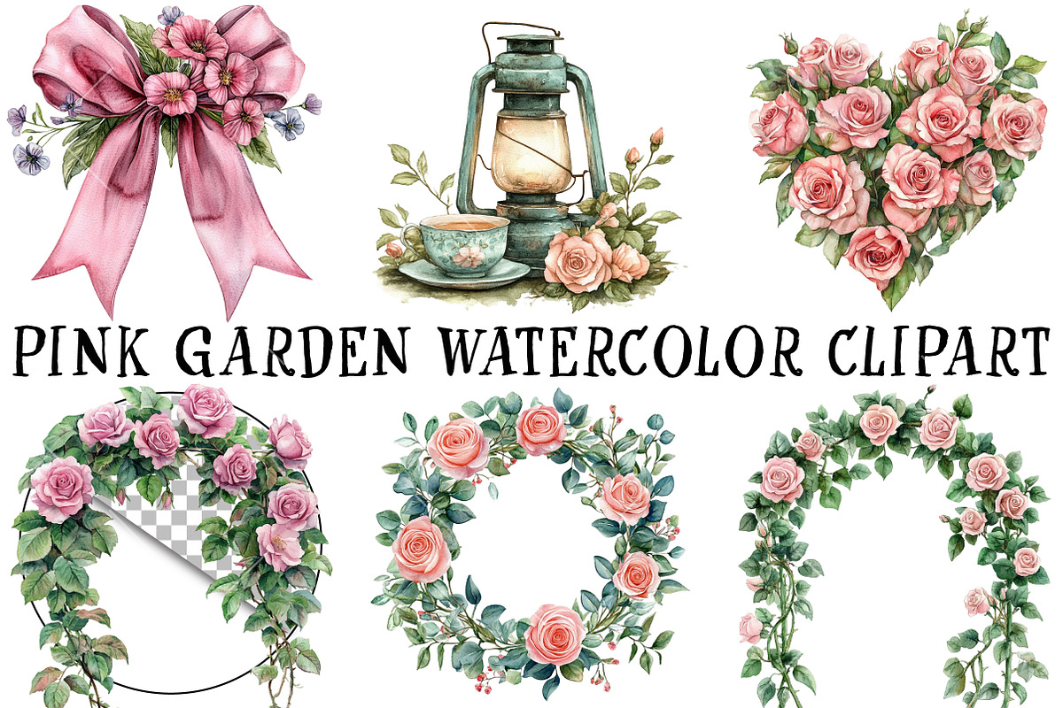 Pink Garden Watercolor Clipart, an Illustration by OK Design (Photo 2 of 6)