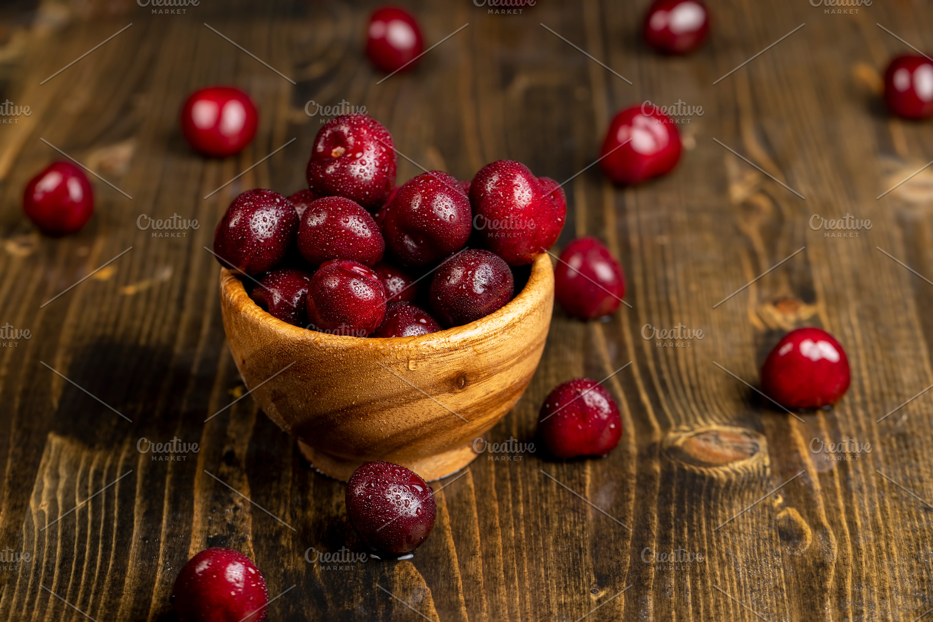 cherry in drops of water, wet cherry fruits on the table, berries in a wooden b, a Photo by rsoollAI