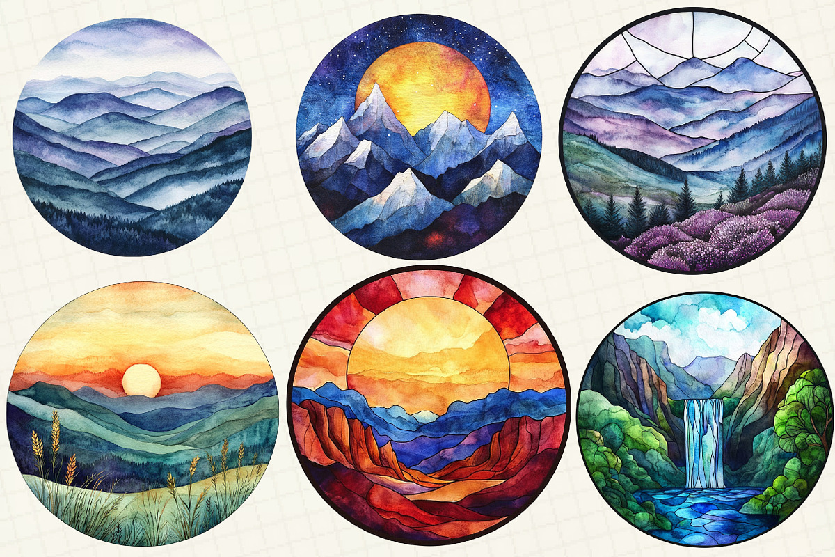 Stained Glass Mountain Scene Clipart, an Illustration by OK Design (Photo 3 of 5)