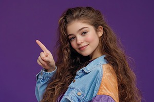 Young girl points playfully while posing against a vibrant purple background, a Person Photo by AlyaAnd