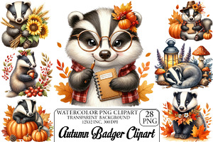 Watercolor Autumn Badger Clipart, an Illustration by DreamPrint404