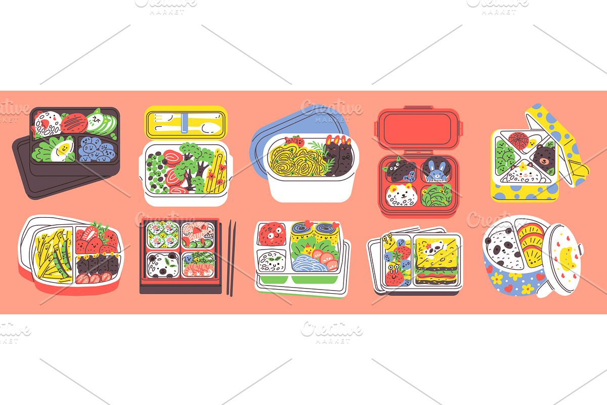 Opened childish bento box with food, a Food Illustration by Sabelskaya