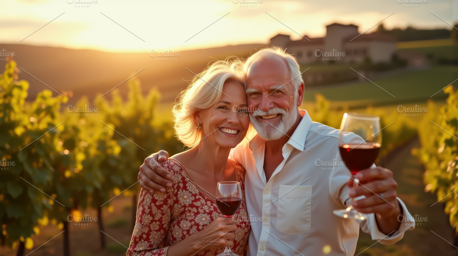 Senior couple enjoying glass of wine, a Food & Drink Photo by angellodeco