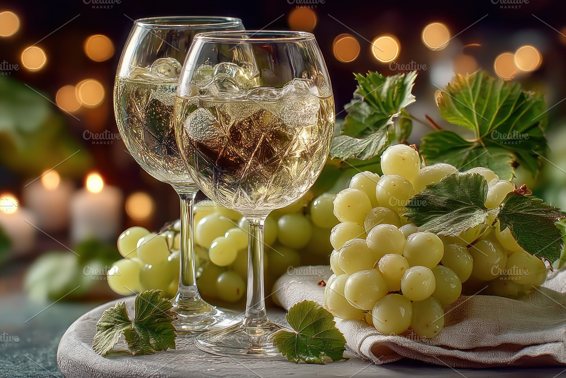 Two glasses of white wine with ice and fresh green grapes on tab, a Holiday Photo by José Manuel Gelpi