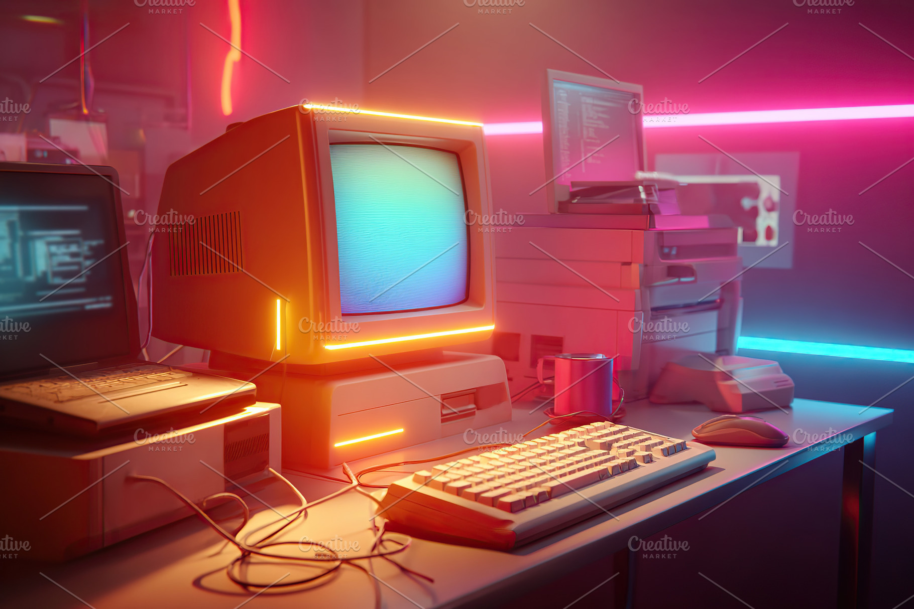 Retro computer setup in a neon-lit room showcasing vintage technology from the, a Technology Photo by AlyaAnd