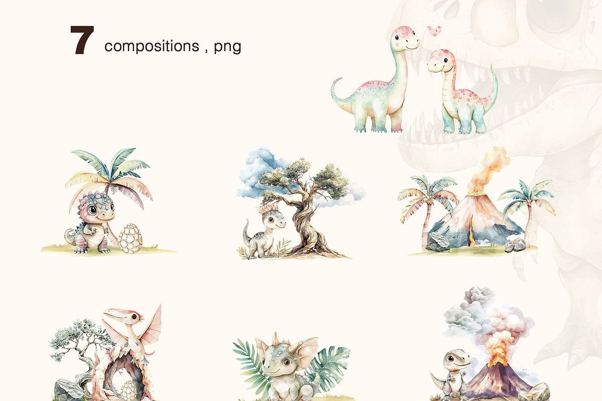 Watercolor dino. Patterns, Clip Art, an Animal Illustration by Pattern + watercolor (Photo 7 of 15)