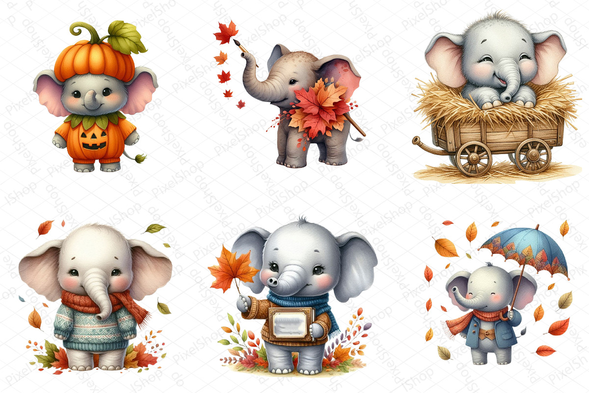 Watercolor Autumn Elephant Clipart, an Illustration by DreamPrint404 (Photo 3 of 6)