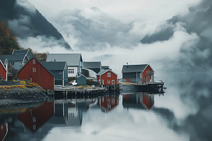 Misty Scandinavian fjord with cabins, a Nature Photo by MistyDay
