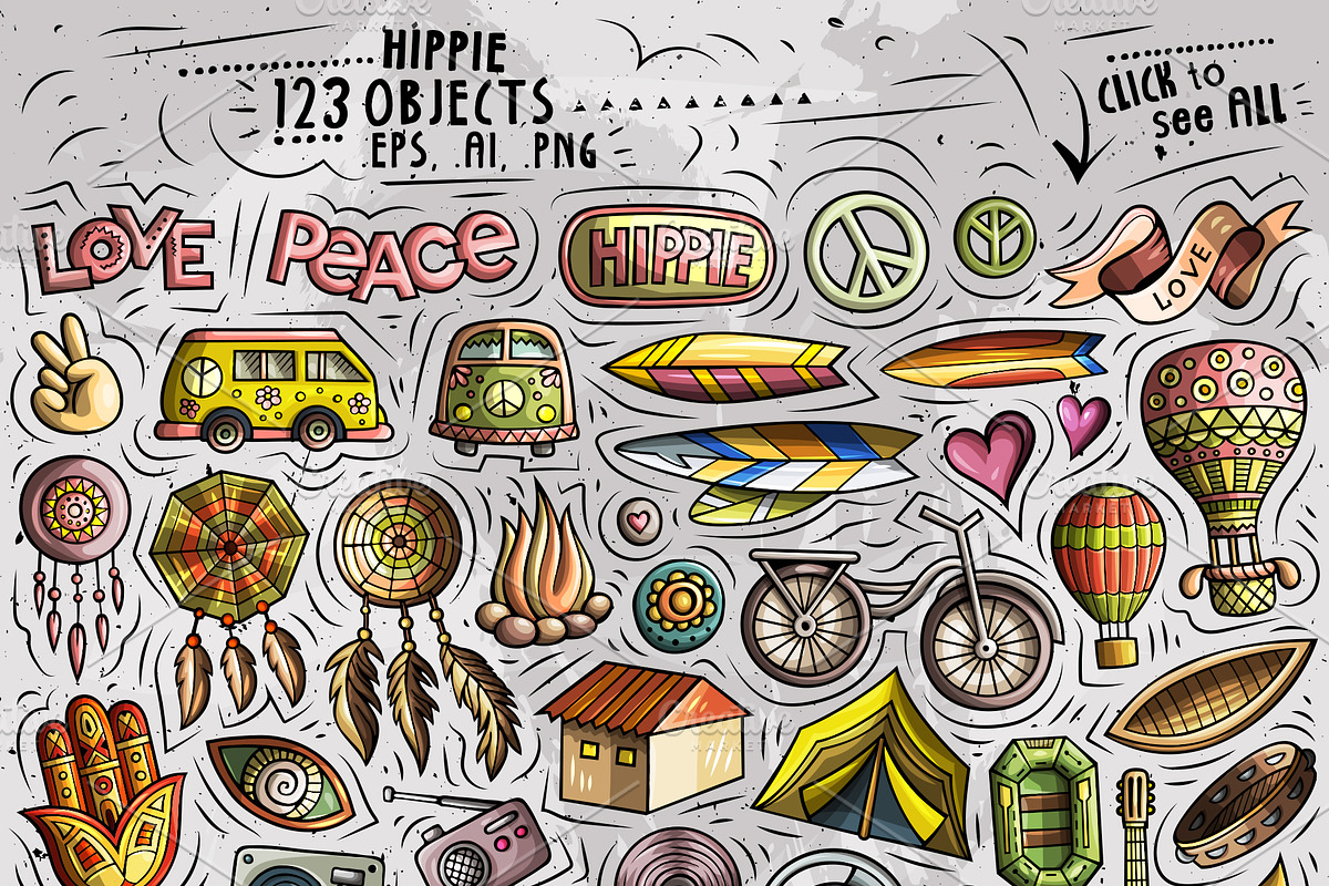 Hippie Cartoon Objects Set, an Object Graphic by BALABOLKA (Photo 2 of 3)