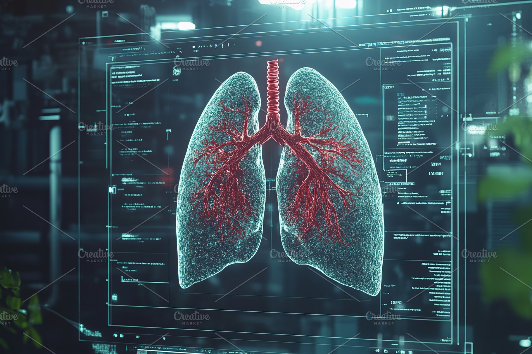 Virtual lungs organ with cancer on computer screen, a Health & Medical Photo by AlyaAnd