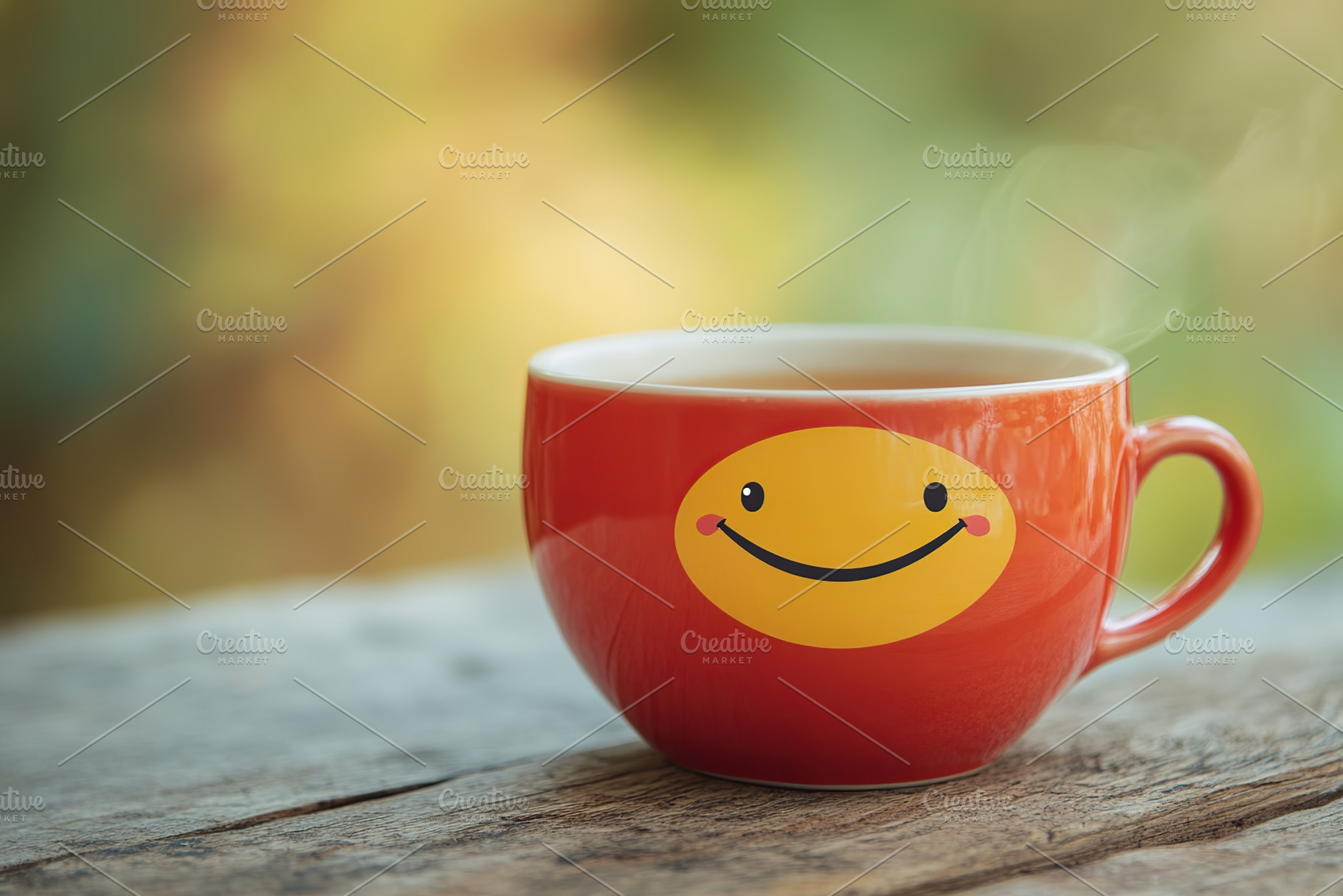 Smiling cup of tea on blurred background, a Food & Drink Photo by AlyaAnd