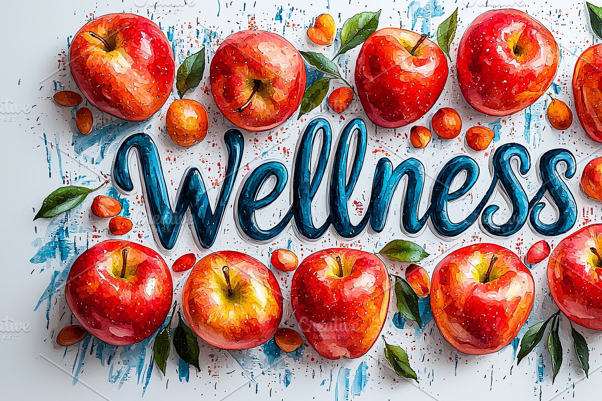 Vibrant apples surrounding wellness hand lettering design, an Illustration by AS photostudio