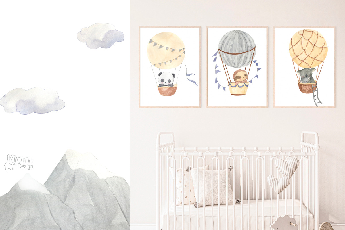 HOT AIR BALLOON clipart. Watercolor, an Animal Illustration by OlliArtDesign (Photo 3 of 5)