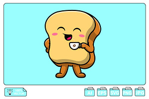 Cute Bread Drink Coffee Cartoon