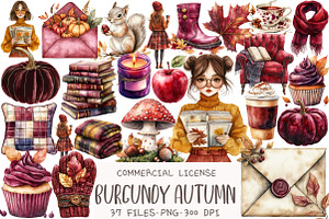 Watercolor Burgundy Autumn Clipart, an Illustration by OK Design