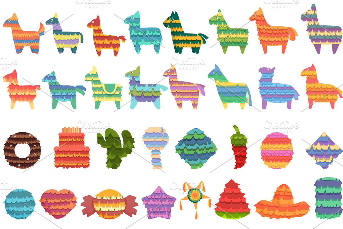 Mexican pinata icons set cartoon, an Object Illustration by Ylivdesign