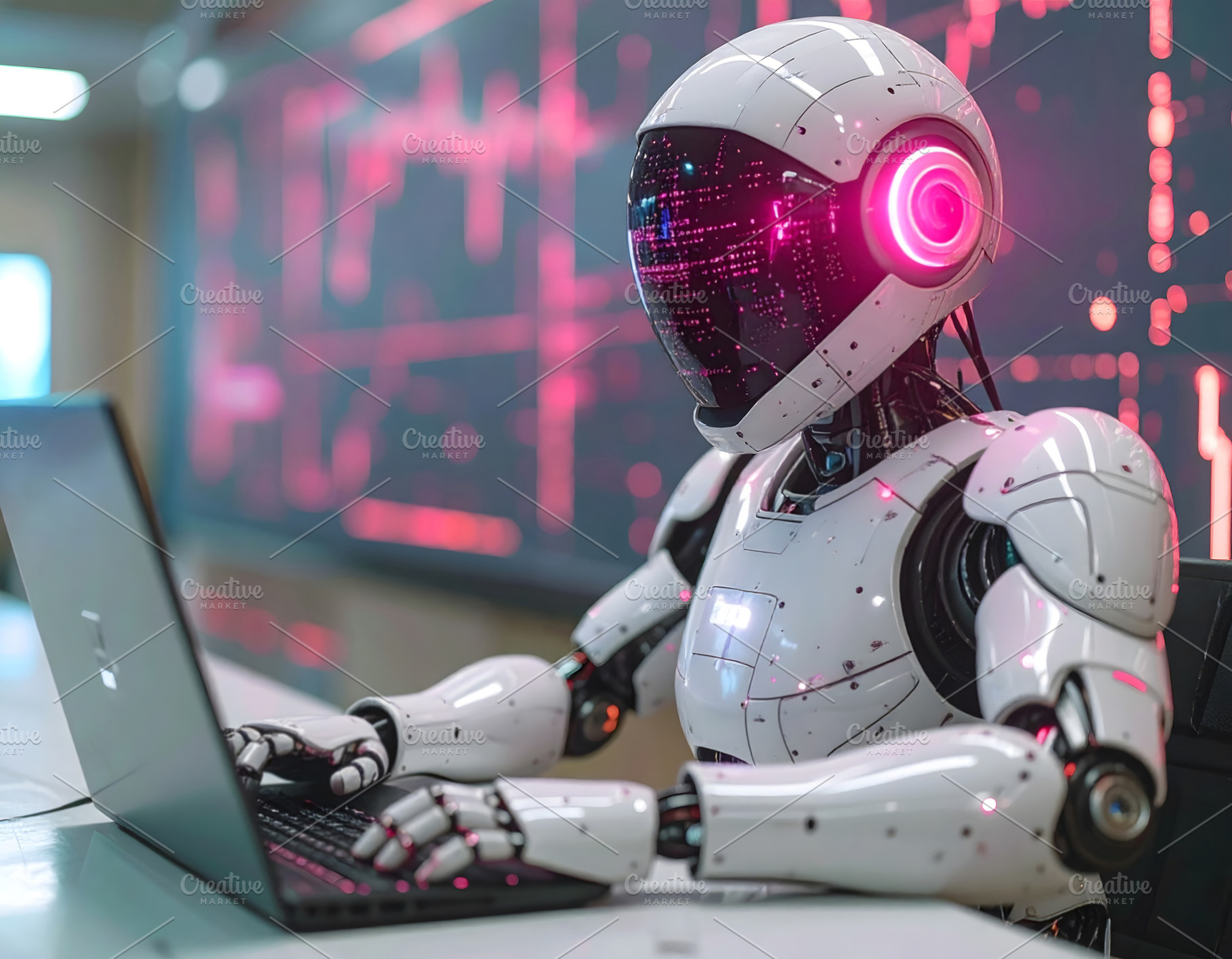 Futuristic humanoid robot working on laptop in digital workspace, a Business Photo by GoodGoods