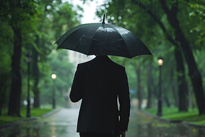 Businessman with black umbrella walking in the rain, a Business Photo by AlyaAnd