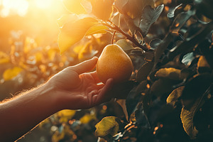 Male hand picking ripe pear fruit from tree branch, a Food & Drink Photo by AlyaAnd
