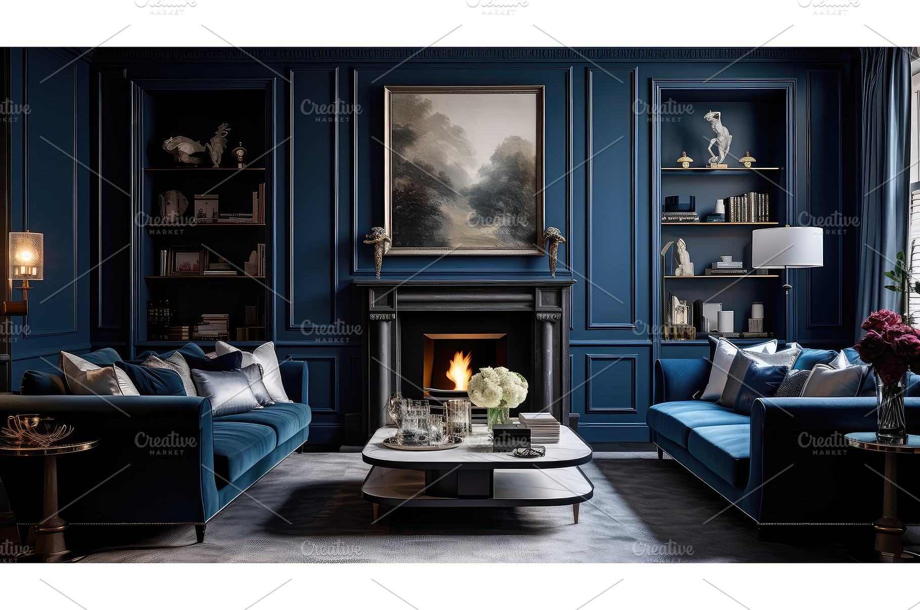 furniture navy blue living room ai, an Abstract Photo by pikepicture