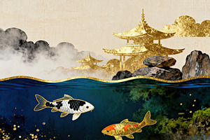 Golden Pagodas & Koi Fish Wallpaper, a Decorative Illustration by Virgo Studio