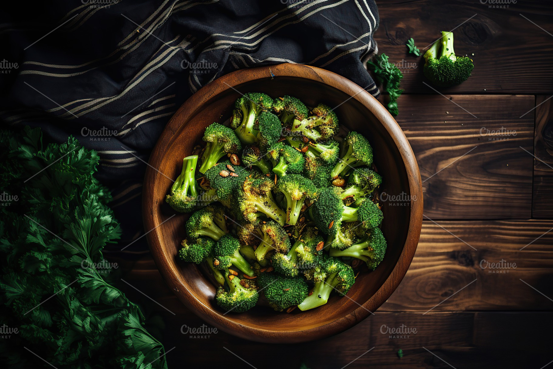 Green roasted broccoli in bowl on wooden background, a Food & Drink Photo by AlyaAnd