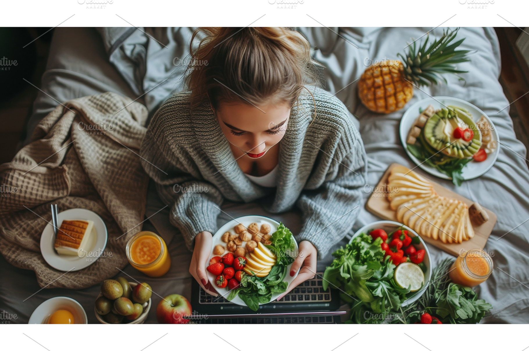 Top view of a woman eating breakfast, a Technology Photo by ZinetroN