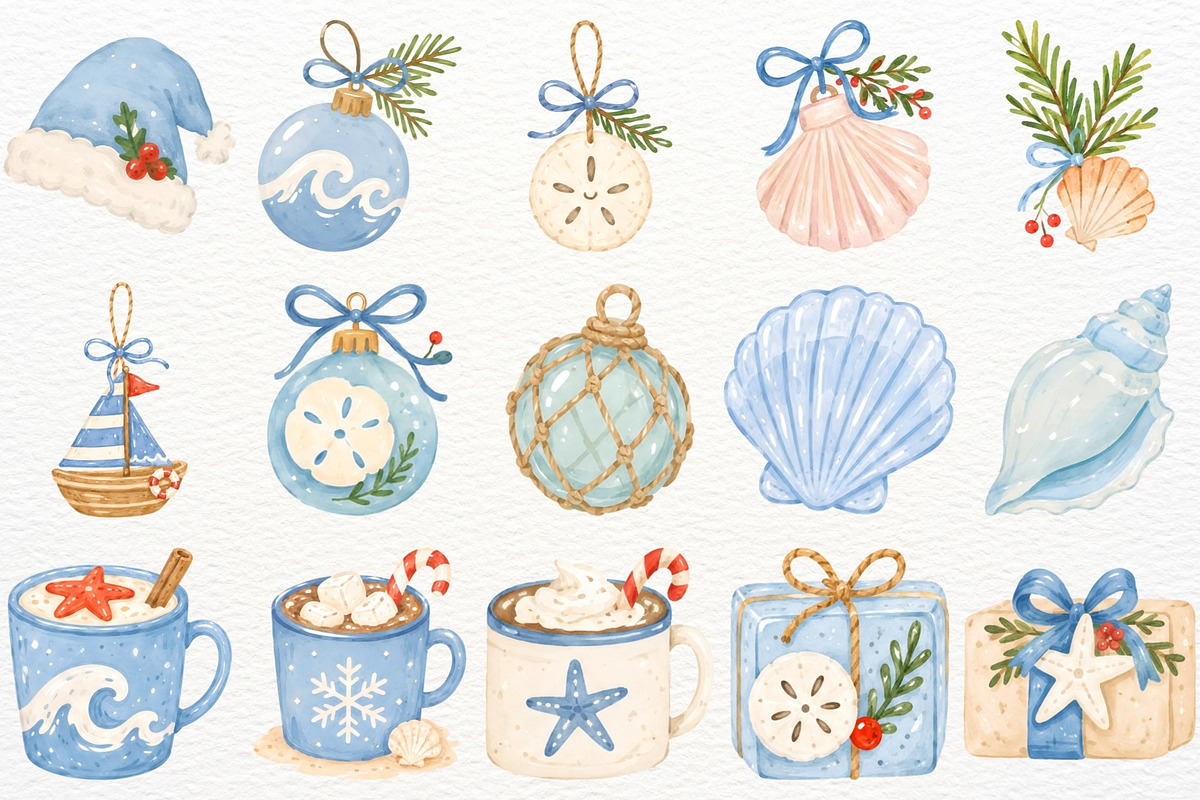 Coastal Christmas Clipart Beach PNG, a Seasonal Illustration by SugarCloudStudioArt (Photo 5 of 5)
