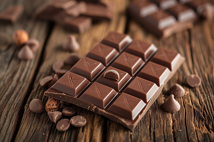 Milk chocolate bar on wooden background, a Food & Drink Photo by AlyaAnd