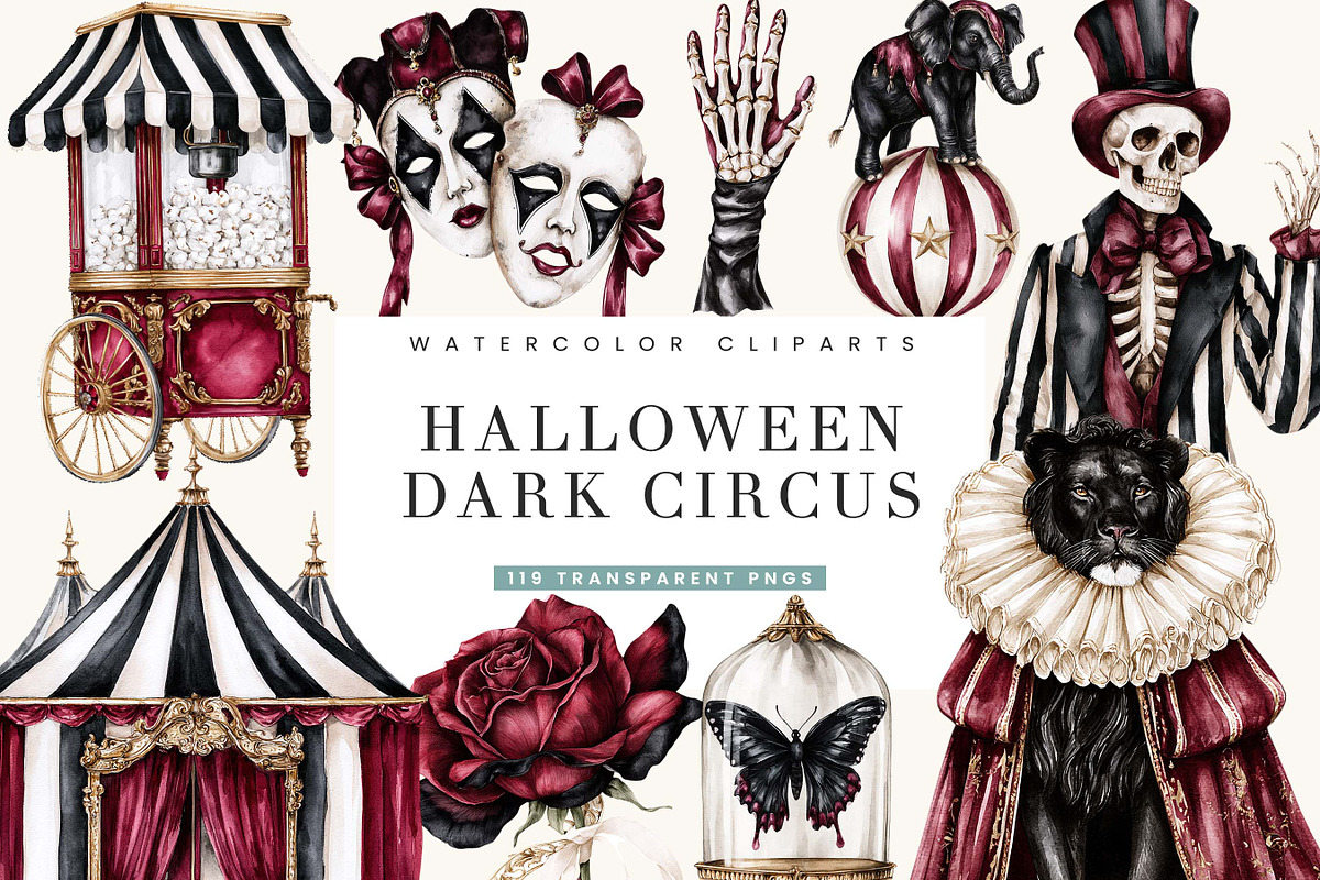 Watercolor Halloween Dark Circus, an Object Illustration by BusyDaydesign (Photo 1 of 9)
