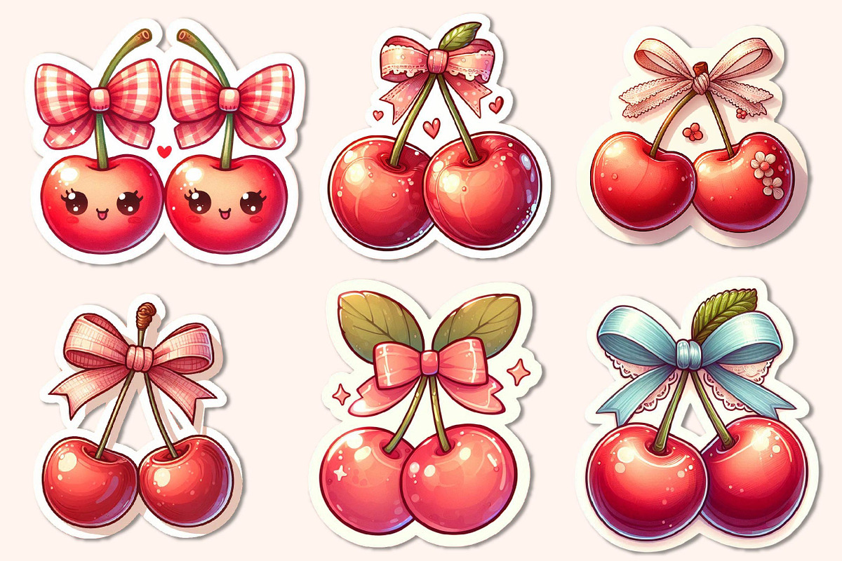 Kawaii Cherry with Bow Sticker PNG, an Illustration by Dream Creation (Photo 3 of 6)