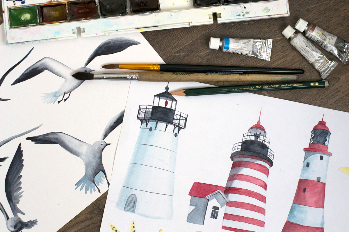 Lighthouses and seagulls. Watercolor, an Illustration by Olga Bonitas (Photo 2 of 4)