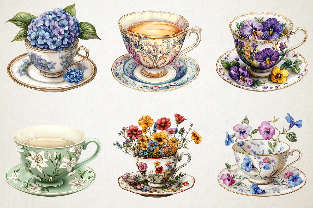 Vintage Spring Teacup Clipart Bundle, an Illustration by RobertsArt (Photo 2 of 5)