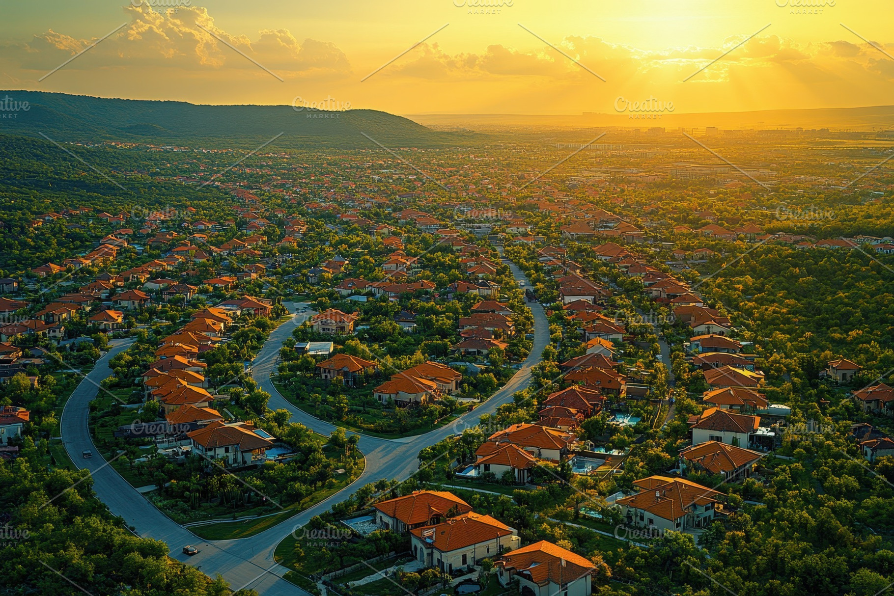 Residential area nestled in green hi, a Photo by Tanuart