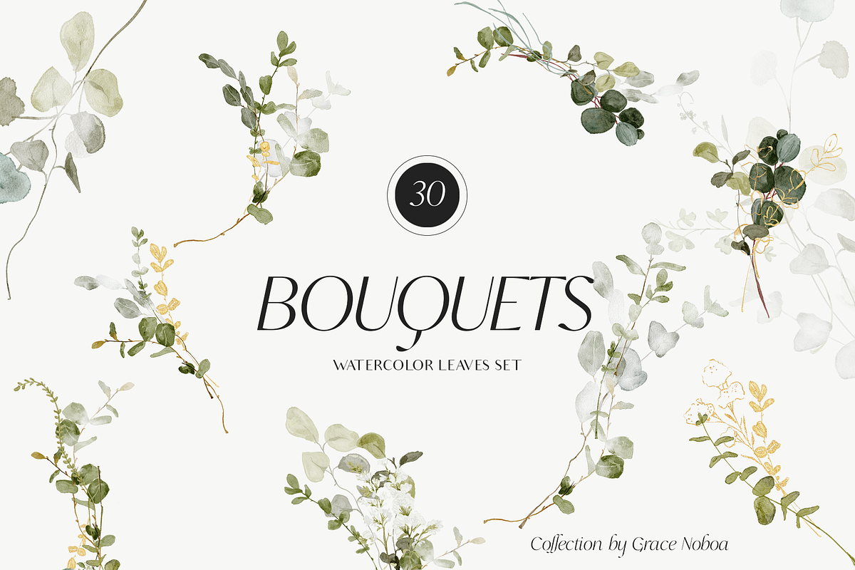 GREENERY & GOLD LEAVES watercolors, a Decorative Illustration by Grace Noboa Illustrations (Photo 8 of 14)