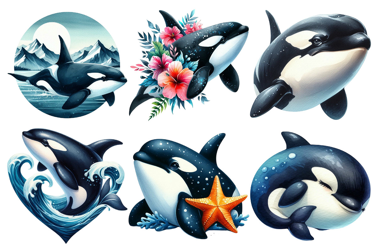 Watercolor Orca Clipart, an Illustration by Pixels.Craft (Photo 2 of 7)