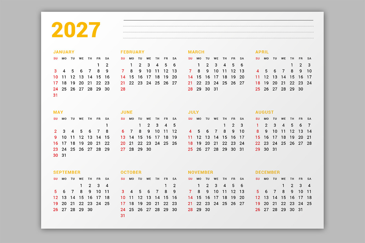 Wall Calendar 2027 (WC027-27-S), a Stationery Template by mikhailmorosin (Photo 6 of 7)