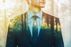 Double Exposure of Man in Suit with Forest Scene, an Abstract Photo by Natalia Klenova's Shop
