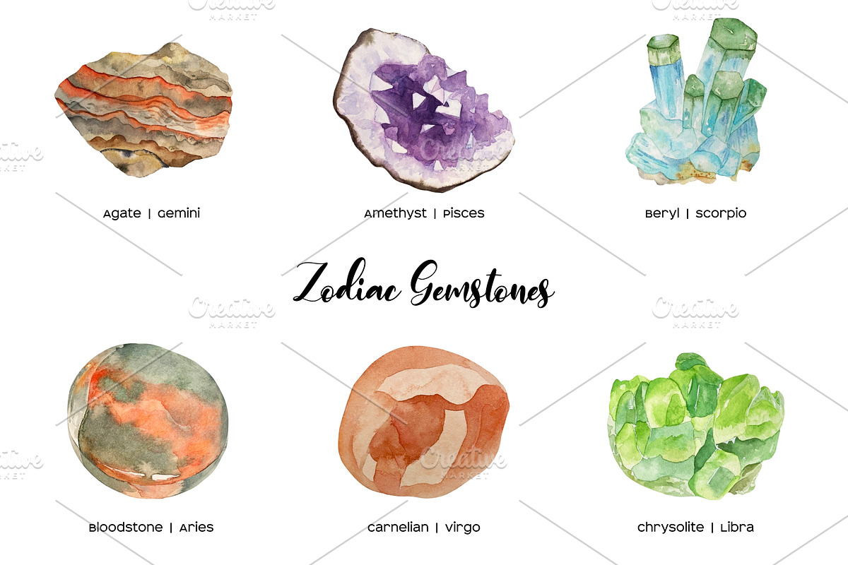 Watercolor Zodiac Birthstone Clipart, an Illustration by Art and Funny (Photo 3 of 5)