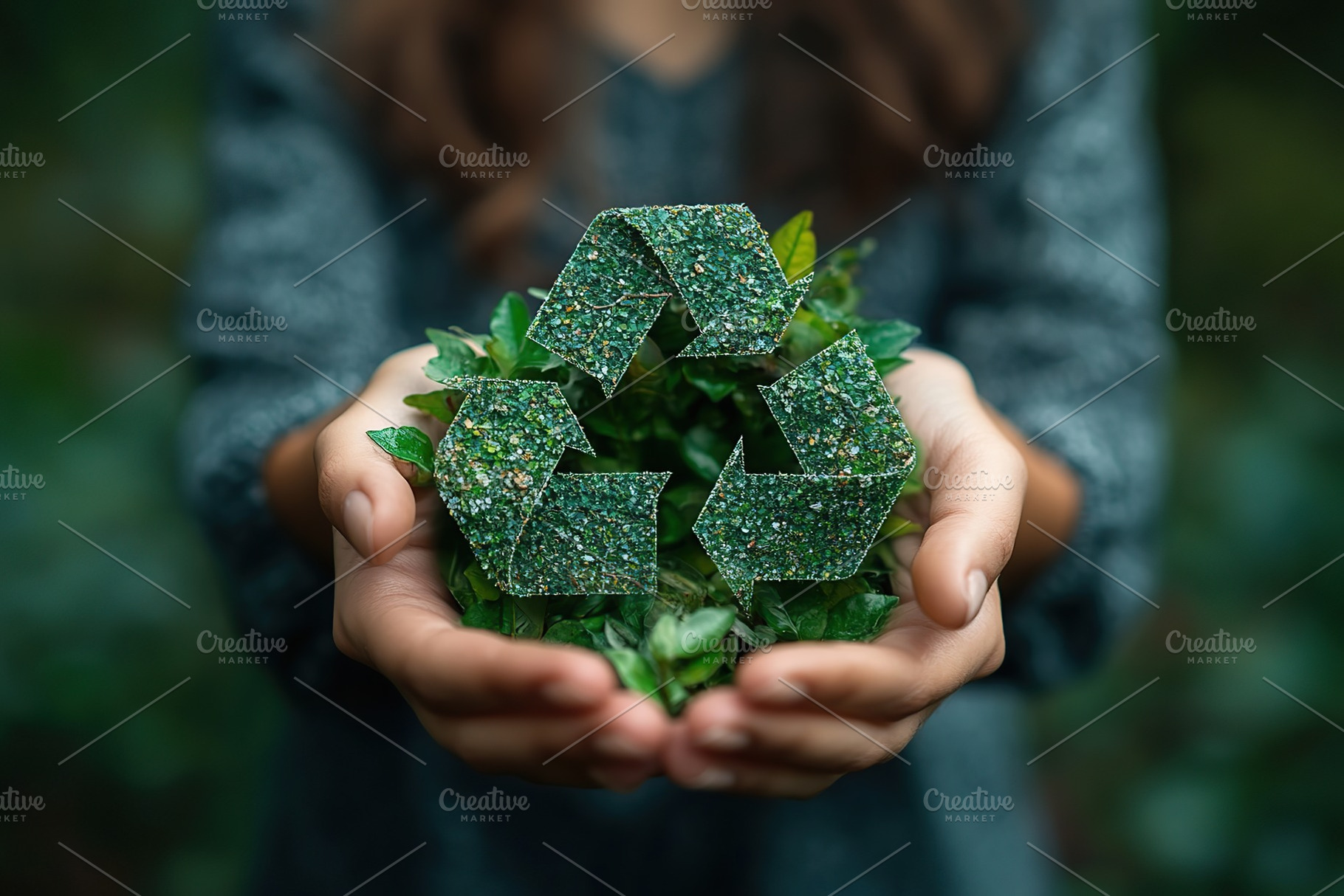 Ecology recycle icon with green leaves in human hands, a Photo by AlyaAnd