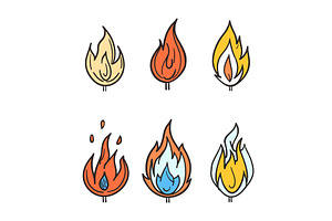 Six cartoonstyle flames colored, an Illustration by Vectorstockersland