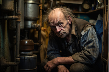 Hardworking Plumber old man pipes, an Industrial Photo by Ylivdesign
